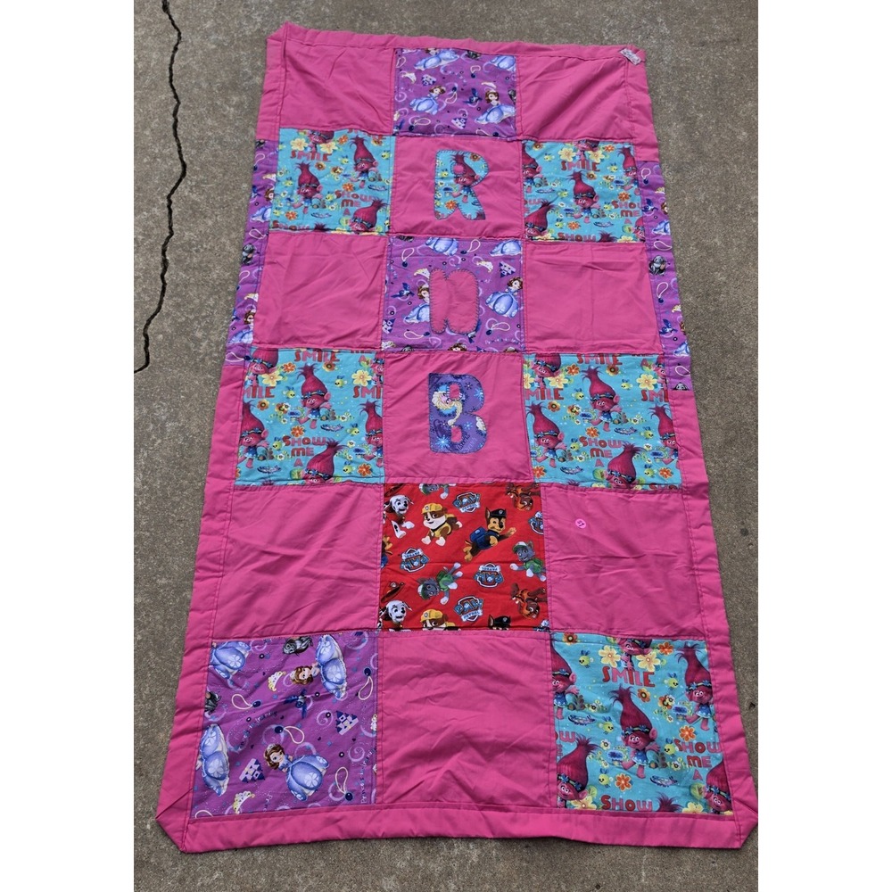 Handmade Character Patchwork Quilt Trolls Paw Patrol Sofia the First Pink 67x35